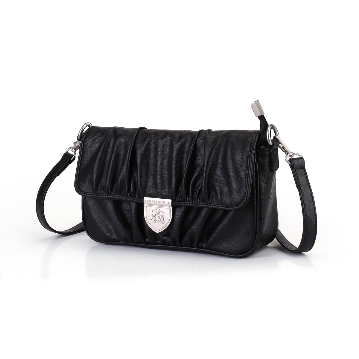 Rock & Republic Shield Logo Ruched Crossbody Bag in Black PU interior view showing crossbody bag silhouette.