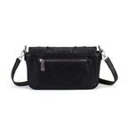 Rock & Republic Shield Logo Ruched Crossbody Bag in Black PU perspective view showing crossbody silhouette.