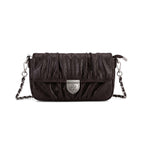 Rock & Republic Shield Logo Ruched Crossbody Bag in Dark  Brown PU leather with chain and crossbody silhouette.