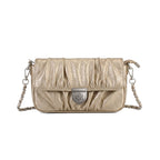 Rock & Republic Shield Logo Ruched Crossbody Bag in Gold PU leather with chain and crossbody silhouette.