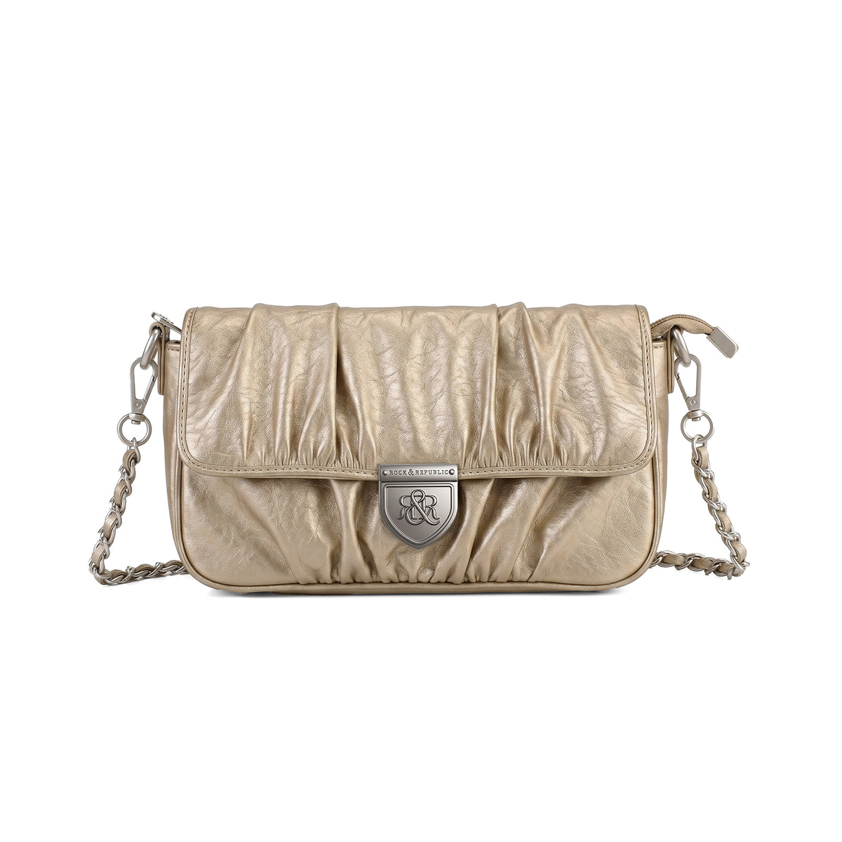 Rock & Republic Shield Logo Ruched Crossbody Bag in Gold PU leather with chain and crossbody silhouette.