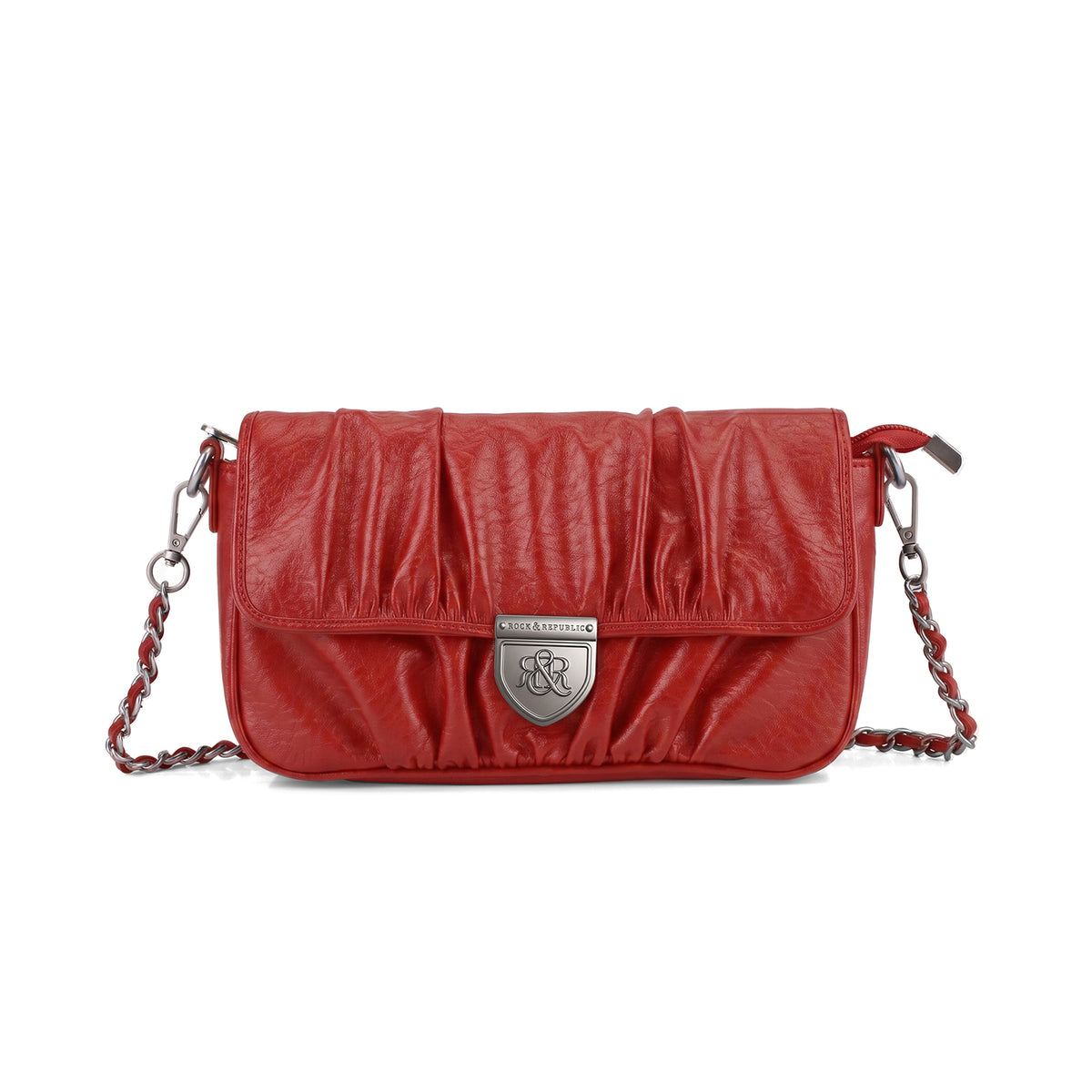 Rock & Republic Shield Logo Ruched Crossbody Bag in Red PU leather with chain and crossbody bag silhouette.