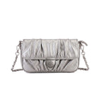Rock & Republic Shield Logo Ruched Crossbody Bag in Silver PU leather with chain and crossbody silhouette.