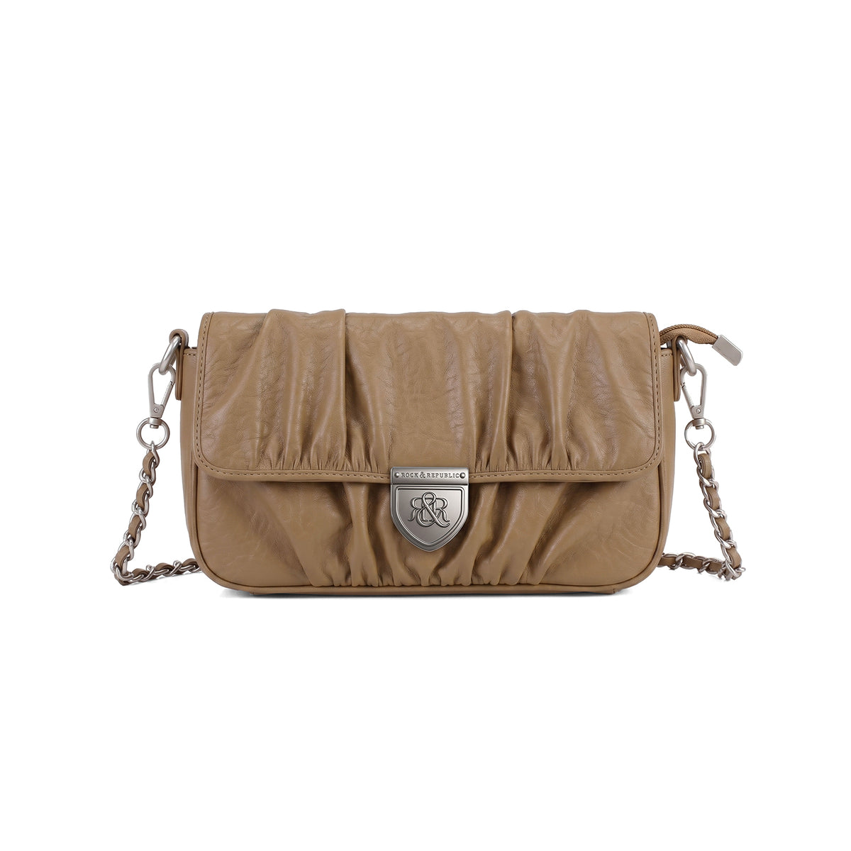 Rock & Republic Shield Logo Ruched Crossbody Bag in Tan PU leather with chain and crossbody silhouette.