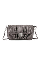 Rock & Republic Shield Logo Ruched Crossbody Bag in Taupe PU with chain and structured crossbody silhouette.