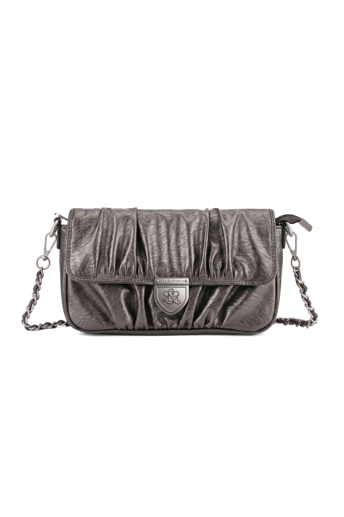 Rock & Republic Shield Logo Ruched Crossbody Bag in Taupe PU with chain and structured crossbody silhouette.