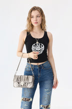 Rock & Republic Shield Logo Ruched Crossbody Bag in Taupe PU styled on model showing crossbody silhouette.