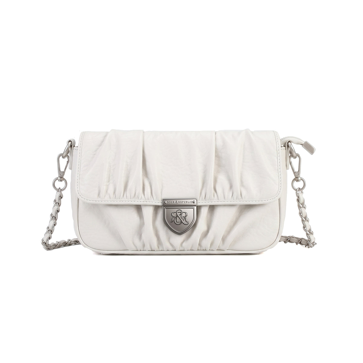 Rock & Republic Shield Logo Ruched Crossbody Bag in White PU leather with chain and crossbody silhouette.