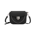 Rock & Republic Shield Lock Saddle Crossbody Bag in Black PU leather with shield lock hardware and saddle crossbody shape.