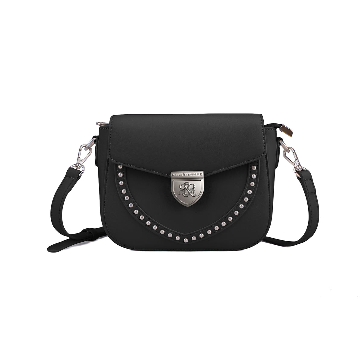 Rock & Republic Shield Lock Saddle Crossbody Bag in Black PU leather with shield lock hardware and saddle crossbody shape.
