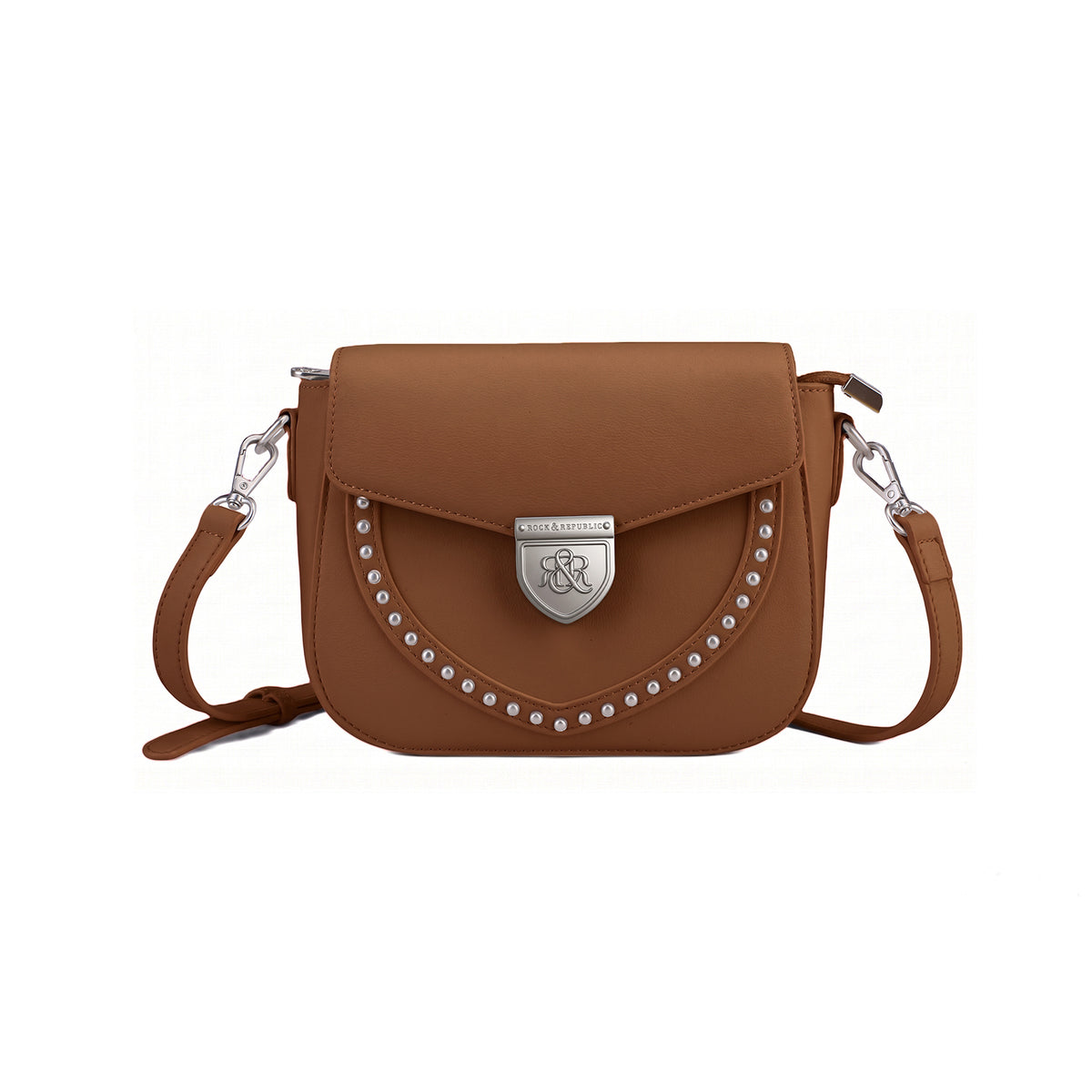 Rock & Republic Shield Lock Saddle Crossbody Bag in Brown PU leather with stud accents and saddle crossbody silhouette.