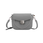 Rock & Republic Shield Lock Saddle Crossbody Bag in Gray PU leather with shield lock hardware and saddle crossbody shape.