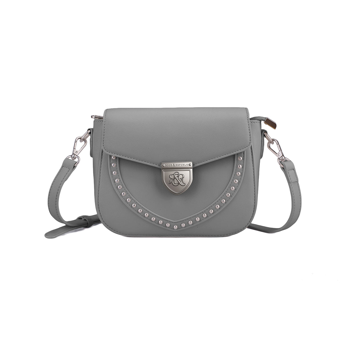 Rock & Republic Shield Lock Saddle Crossbody Bag in Gray PU leather with shield lock hardware and saddle crossbody shape.