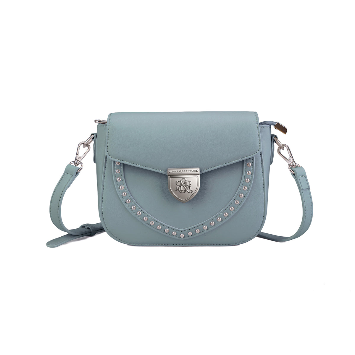 Rock & Republic Shield Lock Saddle Crossbody Bag in Light Blue PU with stud details and saddle crossbody silhouette.