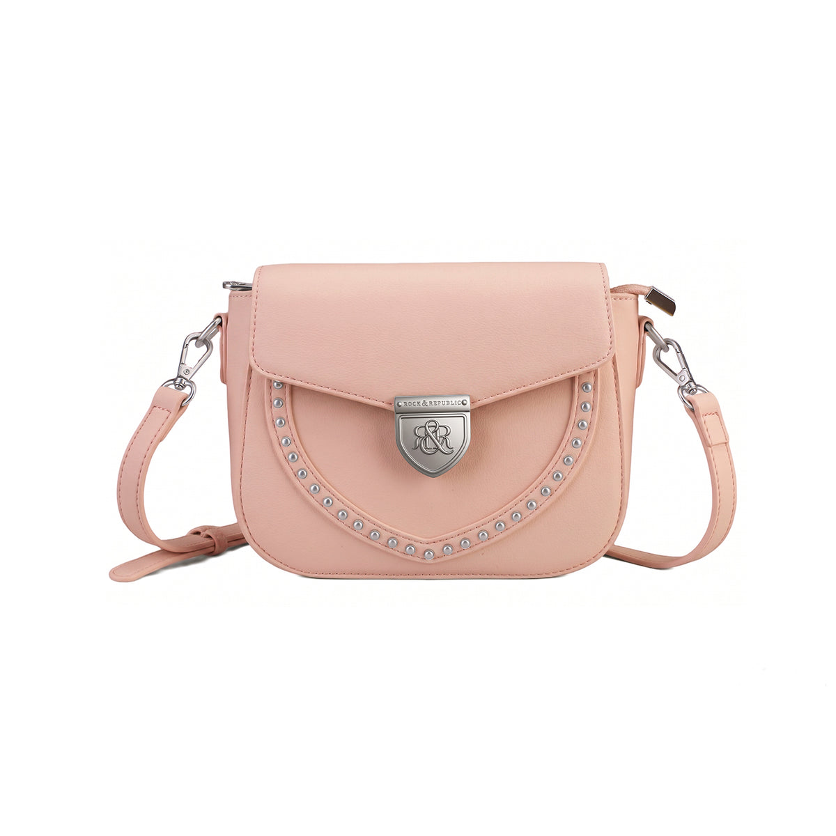 Rock & Republic Shield Lock Saddle Crossbody Bag in Pink PU leather with stud accents and saddle crossbody silhouette.