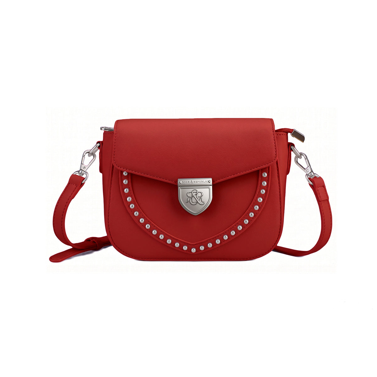 Rock & Republic Shield Lock Saddle Crossbody Bag in Red PU leather with shield lock hardware and saddle crossbody shape.