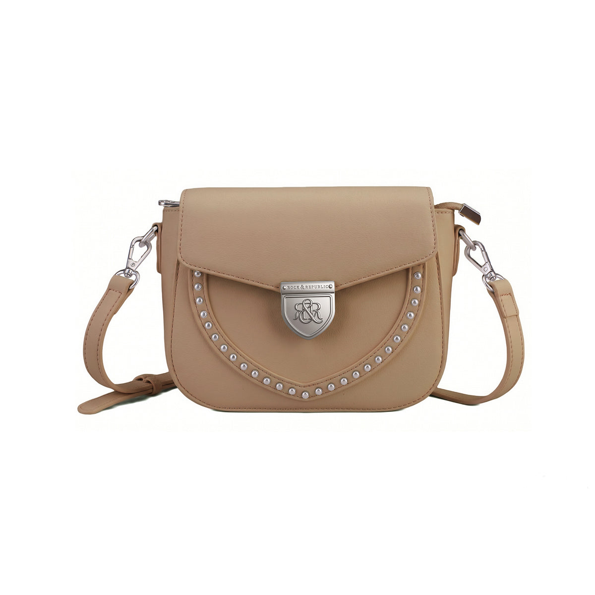 Rock & Republic Shield Lock Saddle Crossbody Bag in Tan PU leather with shield lock hardware and saddle crossbody shape.