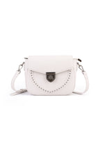 Rock & Republic Shield Lock Saddle Crossbody Bag in White PU with curved studs, shield lock, and saddle crossbody shape.