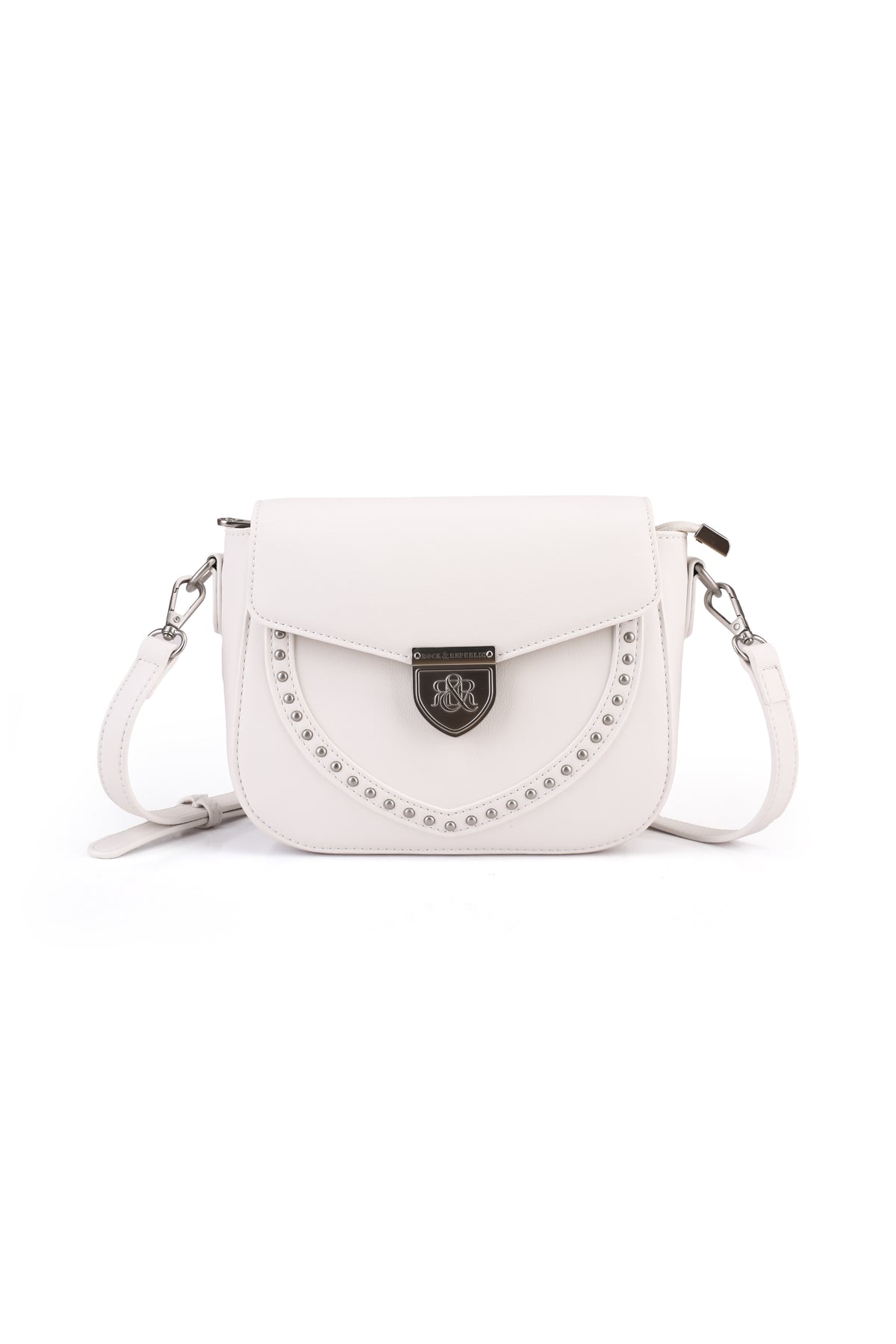 Rock & Republic Shield Lock Saddle Crossbody Bag in White PU with curved studs, shield lock, and saddle crossbody shape.