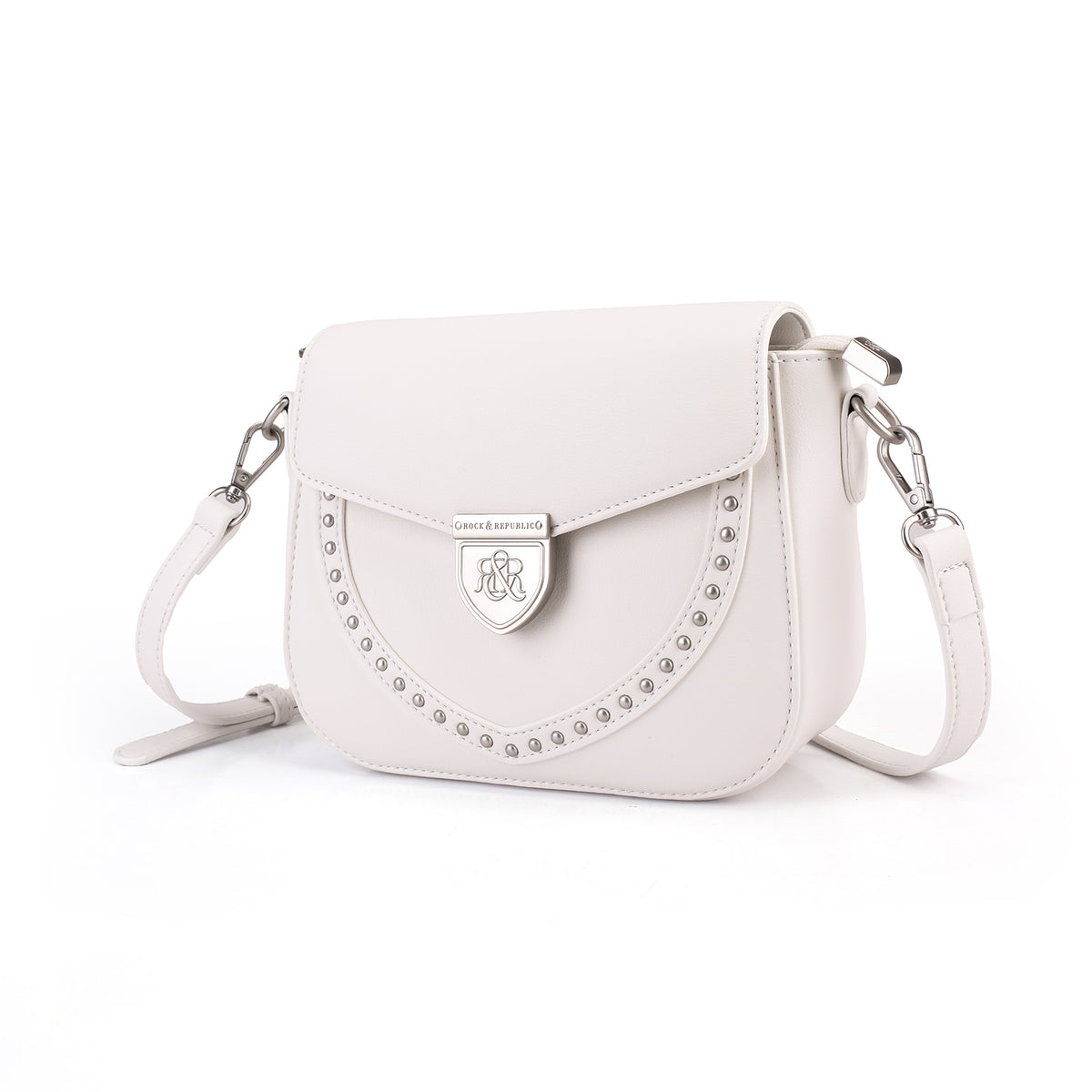Rock & Republic Shield Lock Saddle Crossbody Bag in White PU perspective view showing structured saddle crossbody shape.