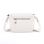 Rock & Republic Shield Lock Saddle Crossbody Bag in White PU back view showing exterior zip on saddle crossbody shape.