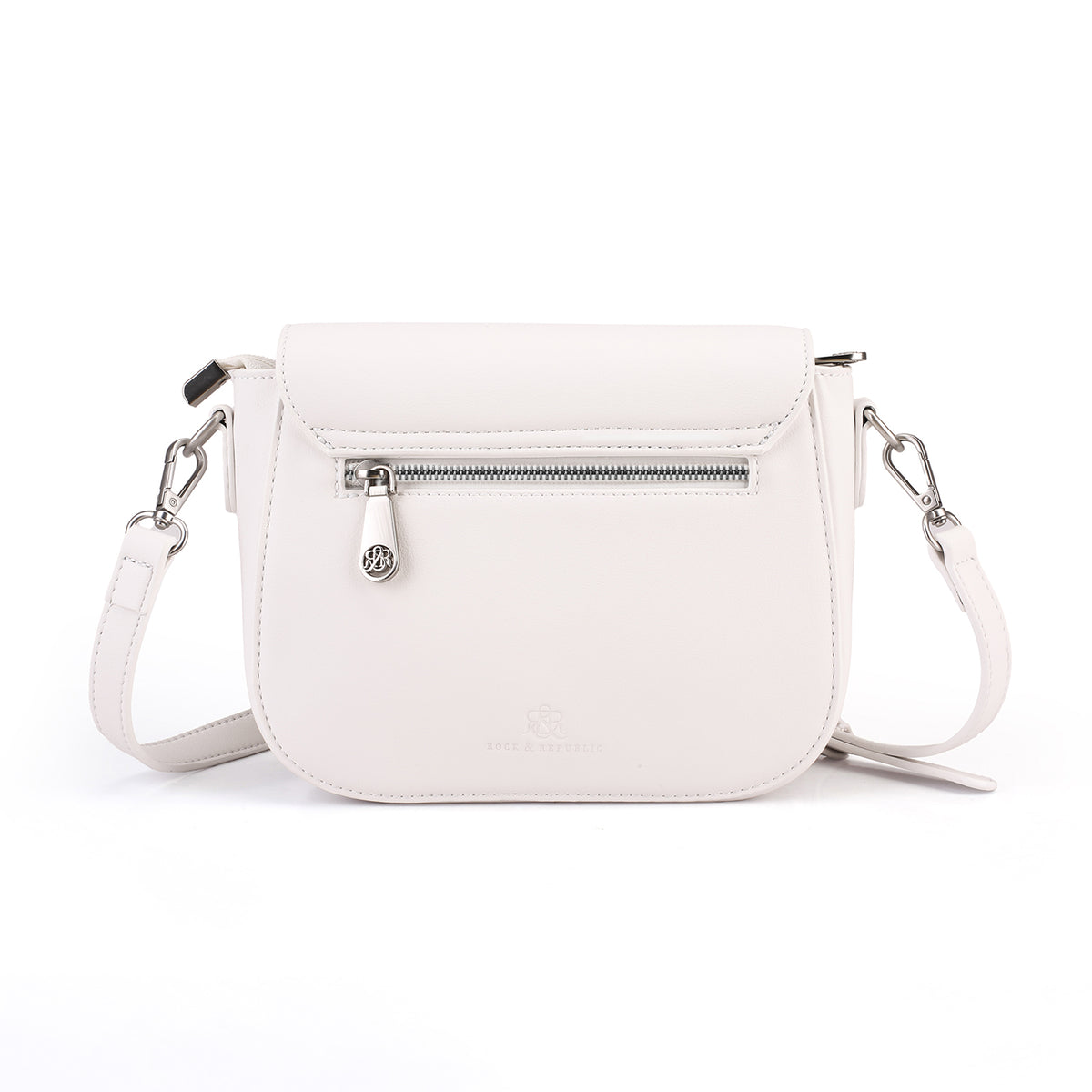 Rock & Republic Shield Lock Saddle Crossbody Bag in White PU back view showing exterior zip on saddle crossbody shape.