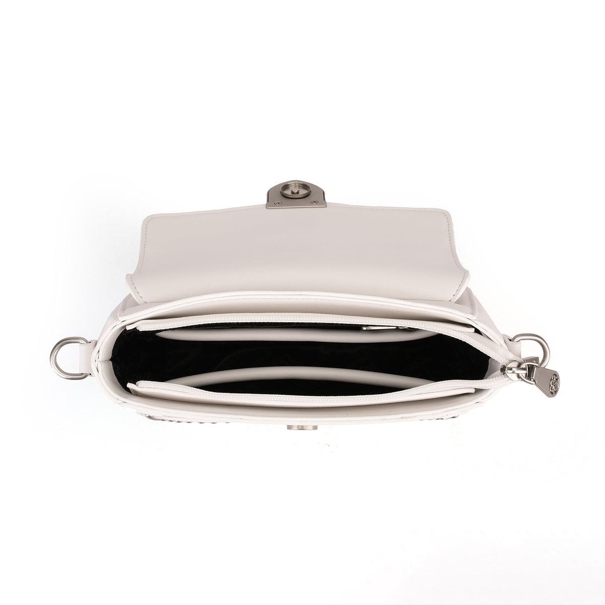 Rock & Republic Shield Lock Saddle Crossbody Bag in White PU top view showing interior compartment on saddle bag shape.