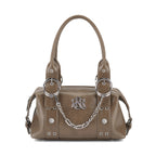Rock & Republic Chain Detail Satchel Handbag in Gray PU leather with a draped chain and structured satchel silhouette.