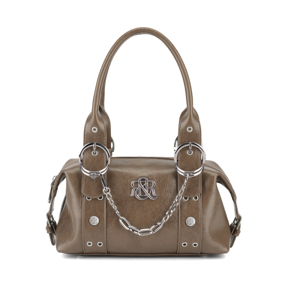 Rock & Republic Chain Detail Satchel Handbag in Gray PU leather with a draped chain and structured satchel silhouette.