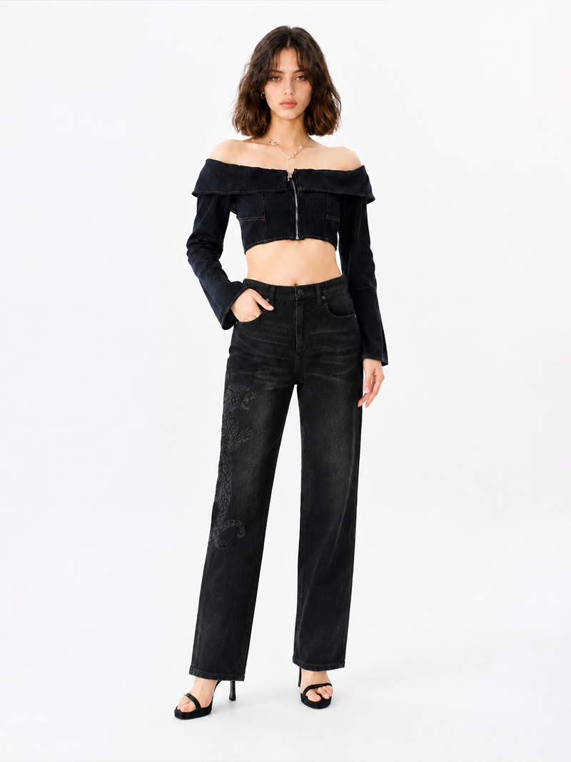 Kaia Tonal Leopard Panel Straight Jean