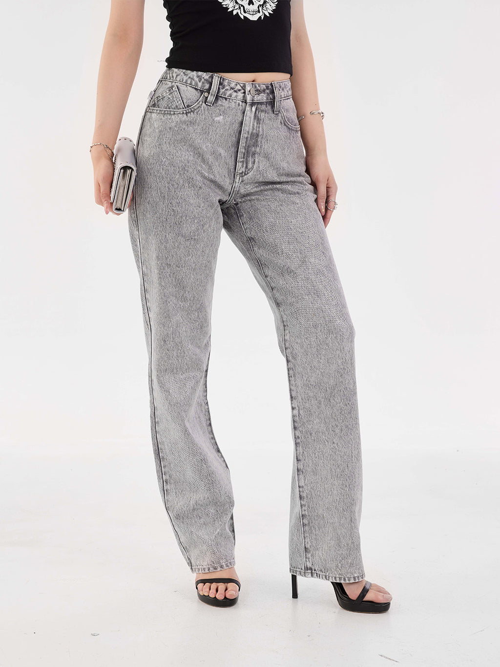 Kaia Grey Acid Wash Straight Jean