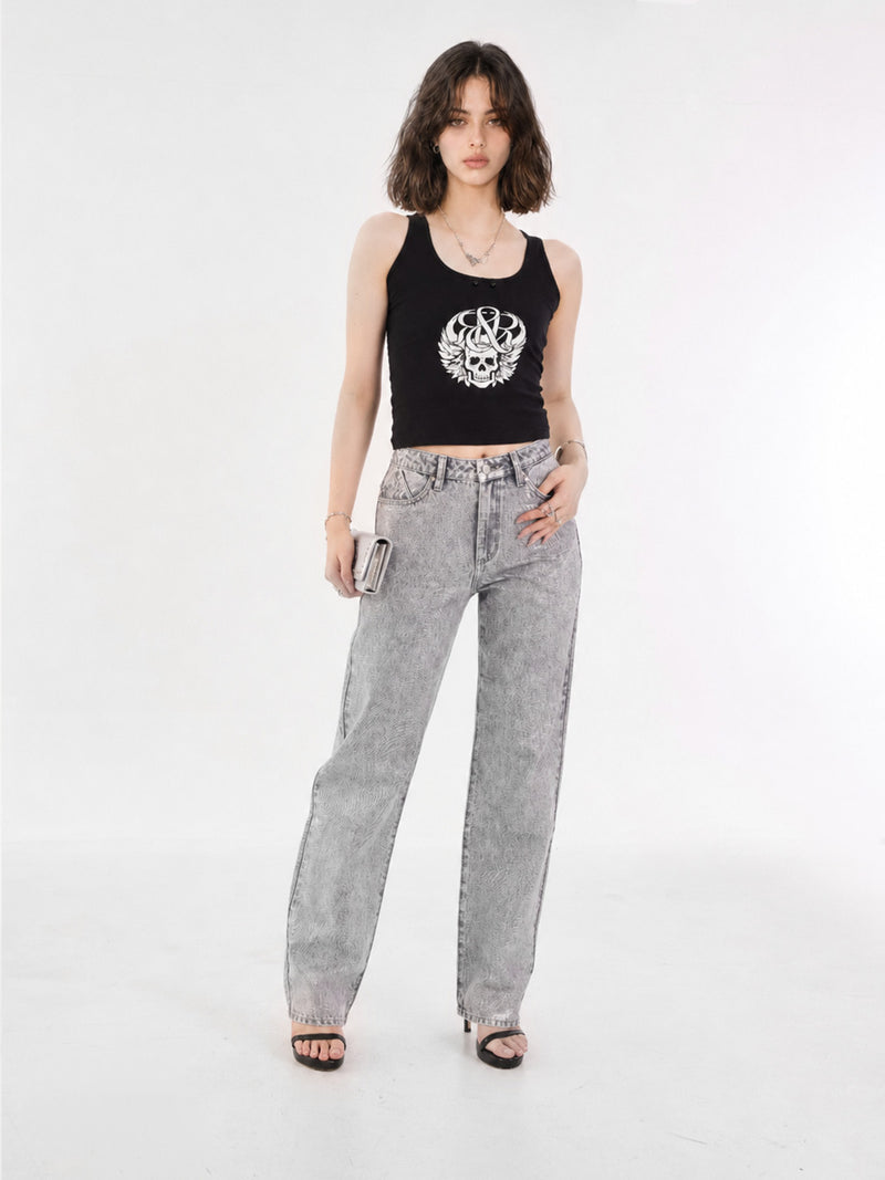 Kaia Grey Acid Wash Straight Jean