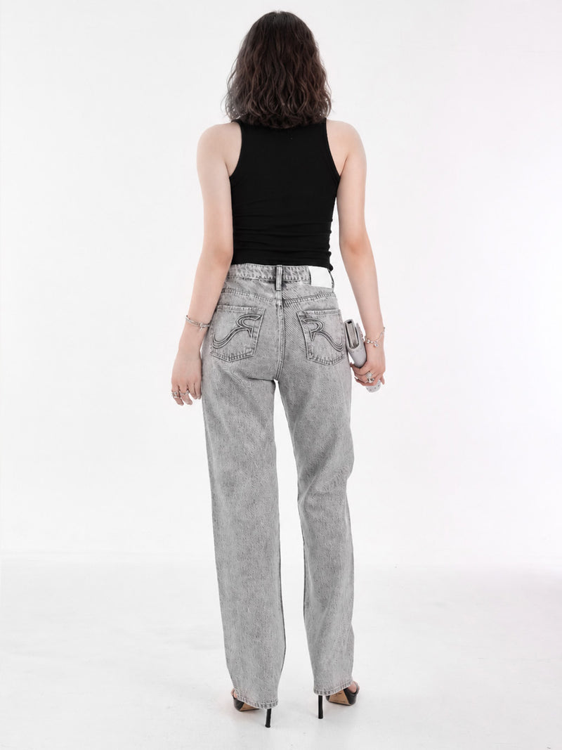 Kaia Grey Acid Wash Straight Jean