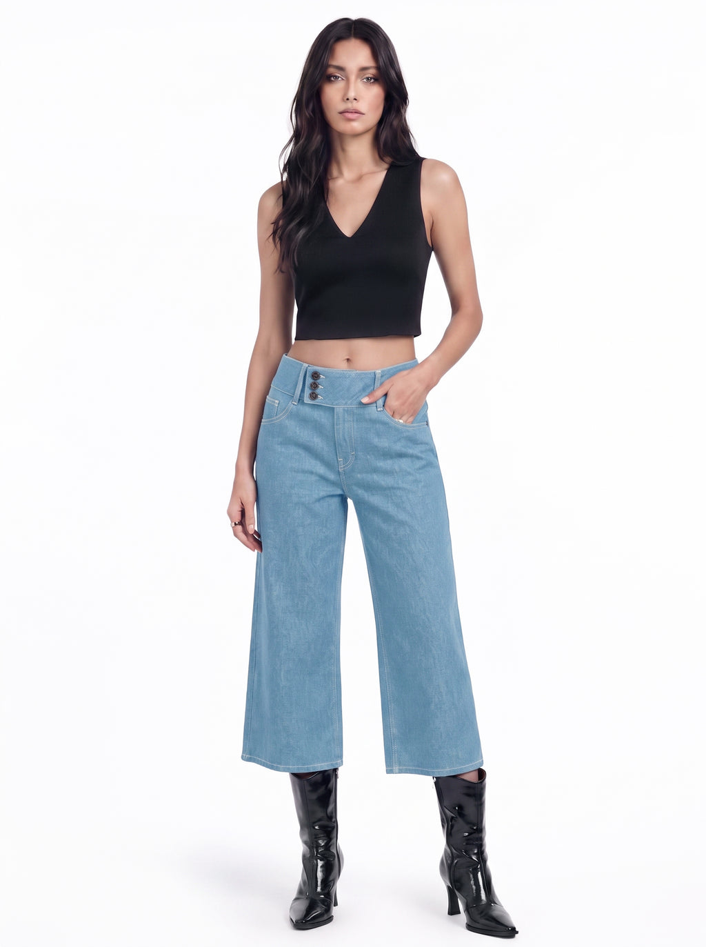 Kendall Triple Button Cropped Wide Leg Jean