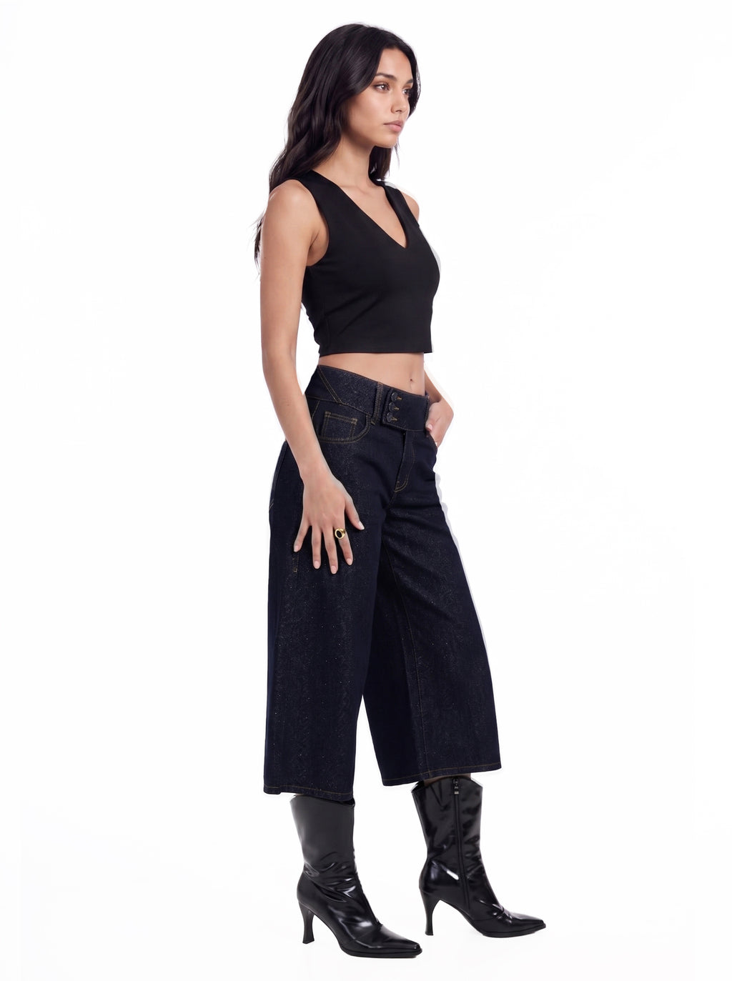 Kendall Triple Button Cropped Wide Leg Jean