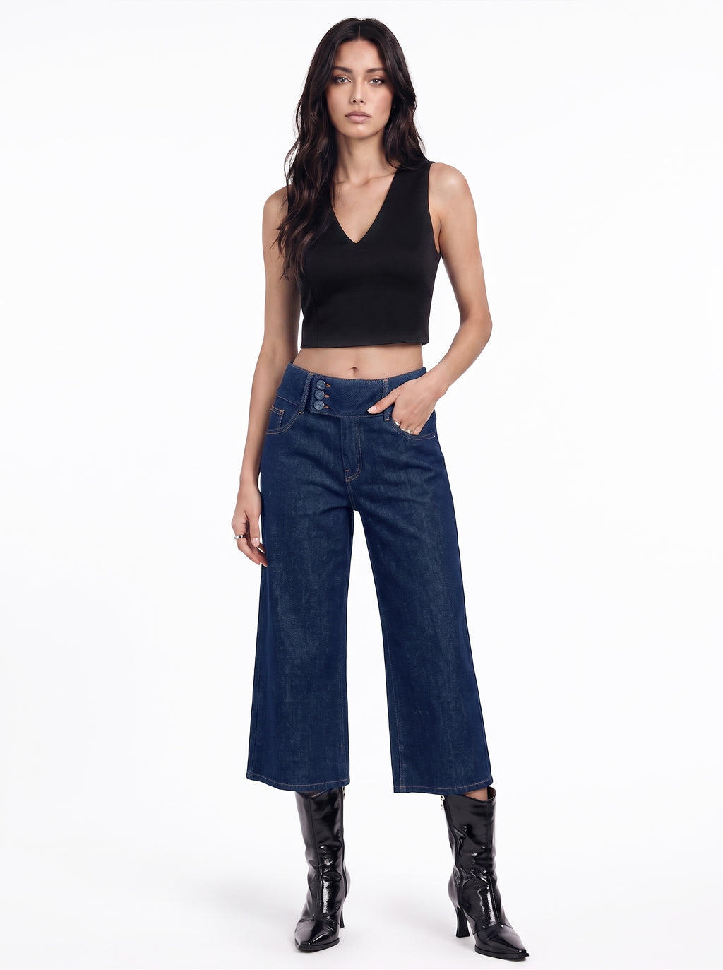 Kendall Triple Button Cropped Wide Leg Jean