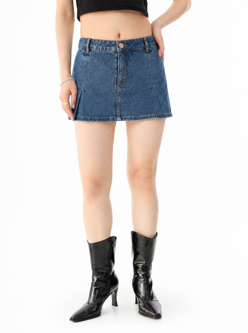 Front Pleated Denim Mini Skirt