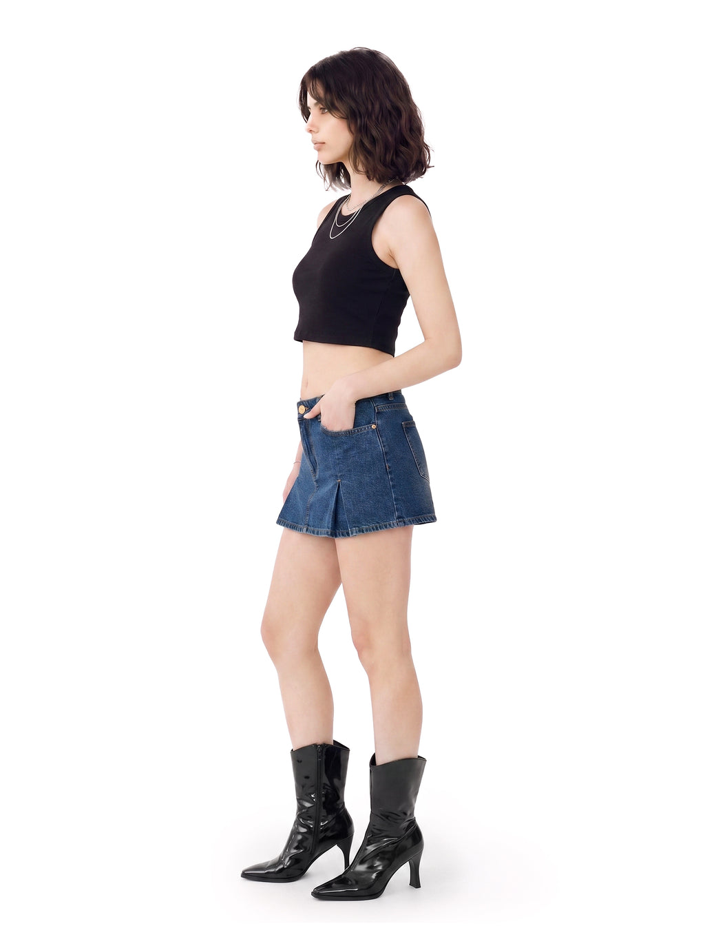 Front Pleated Denim Mini Skirt