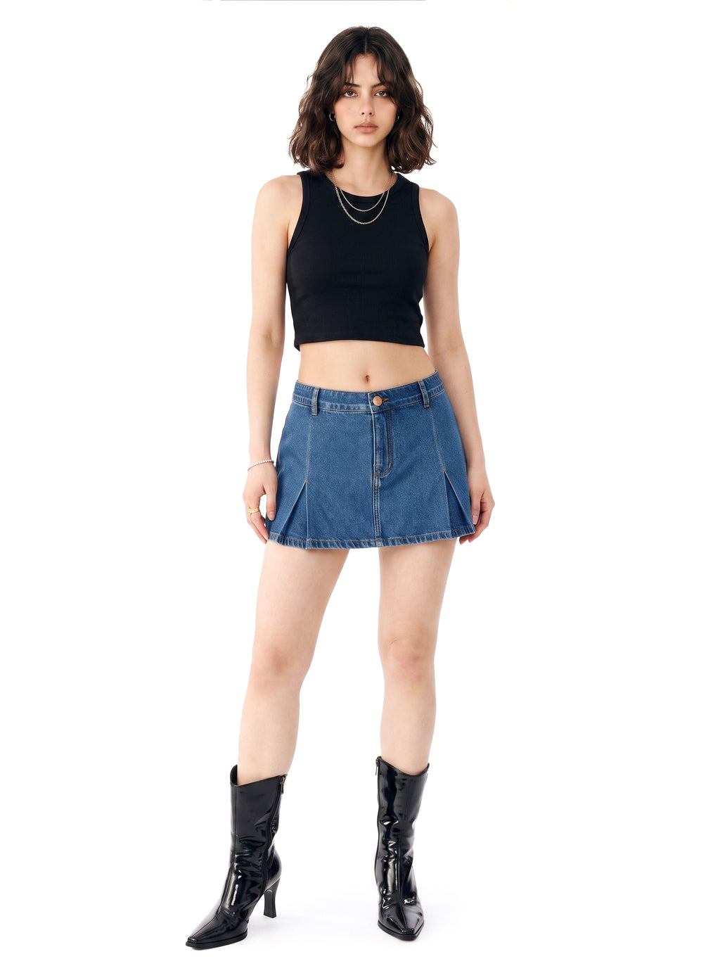 Front Pleated Denim Mini Skirt