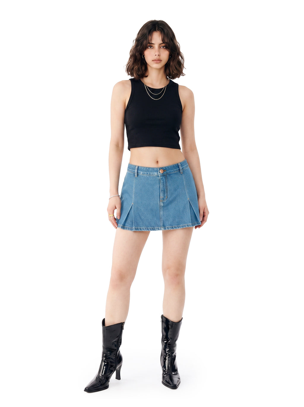 Front Pleated Denim Mini Skirt