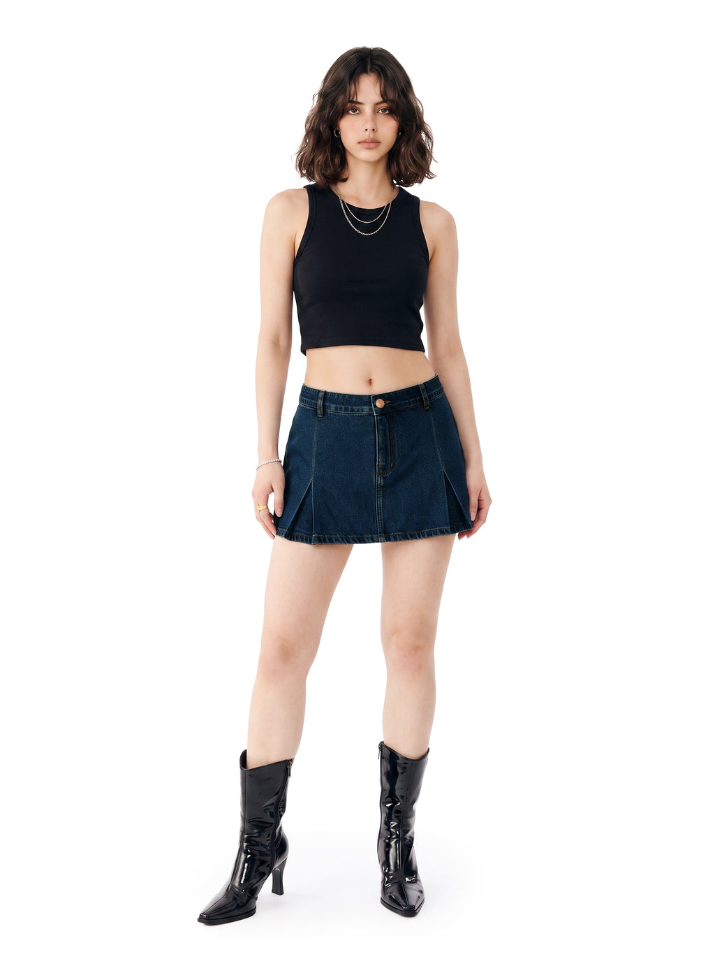 Front Pleated Denim Mini Skirt