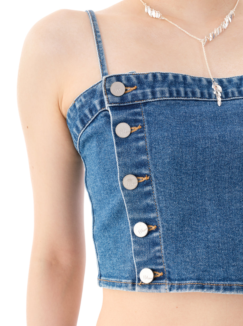 Asymmetric Button Smocked Denim Crop Top