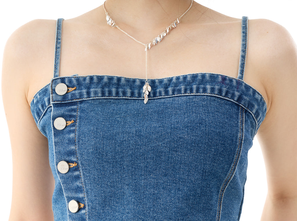 Asymmetric Button Smocked Denim Crop Top