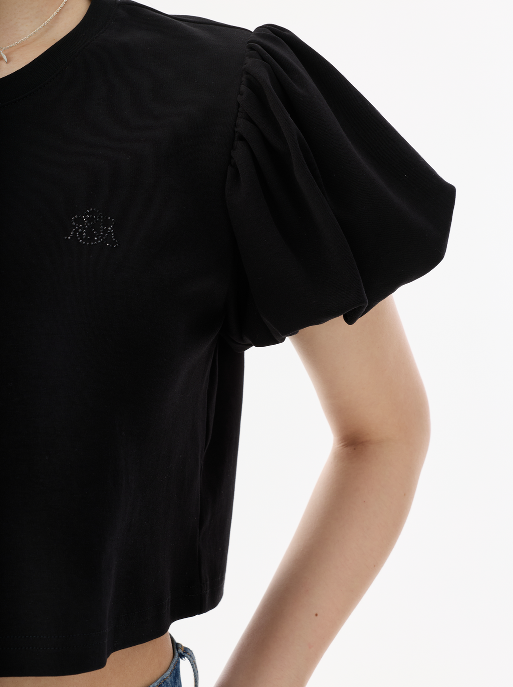 Luna Rhinestone Logo Puff Sleeve Cropped Top