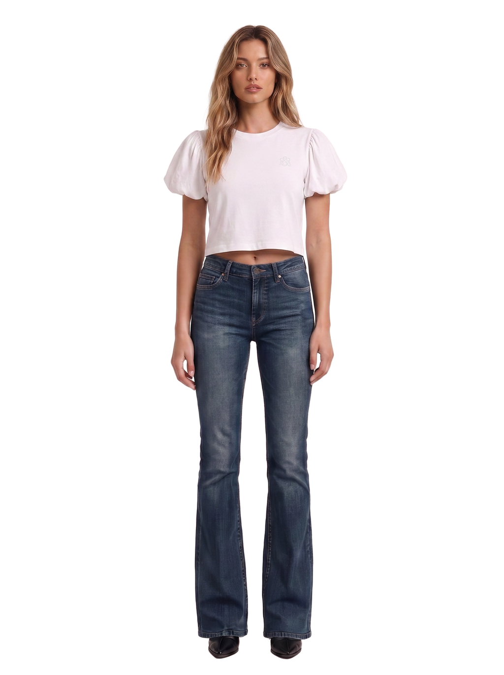 Luna Rhinestone Logo Puff Sleeve Cropped Top