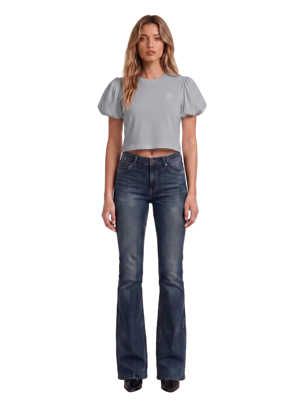 Luna Rhinestone Logo Puff Sleeve Cropped Top