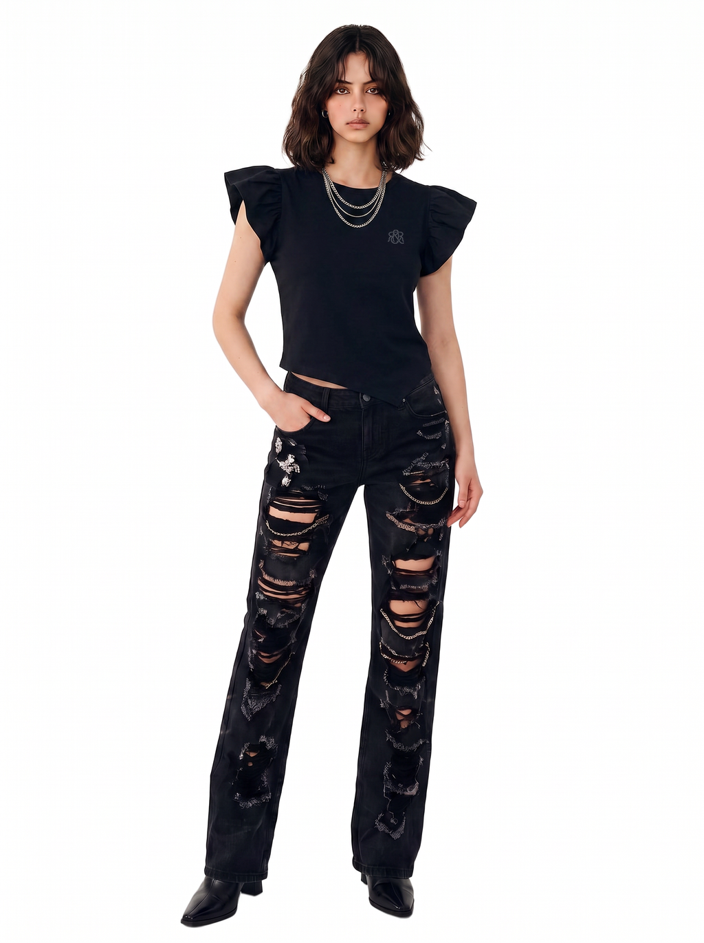 Flutter Sleeve Rhinestone Logo Tee