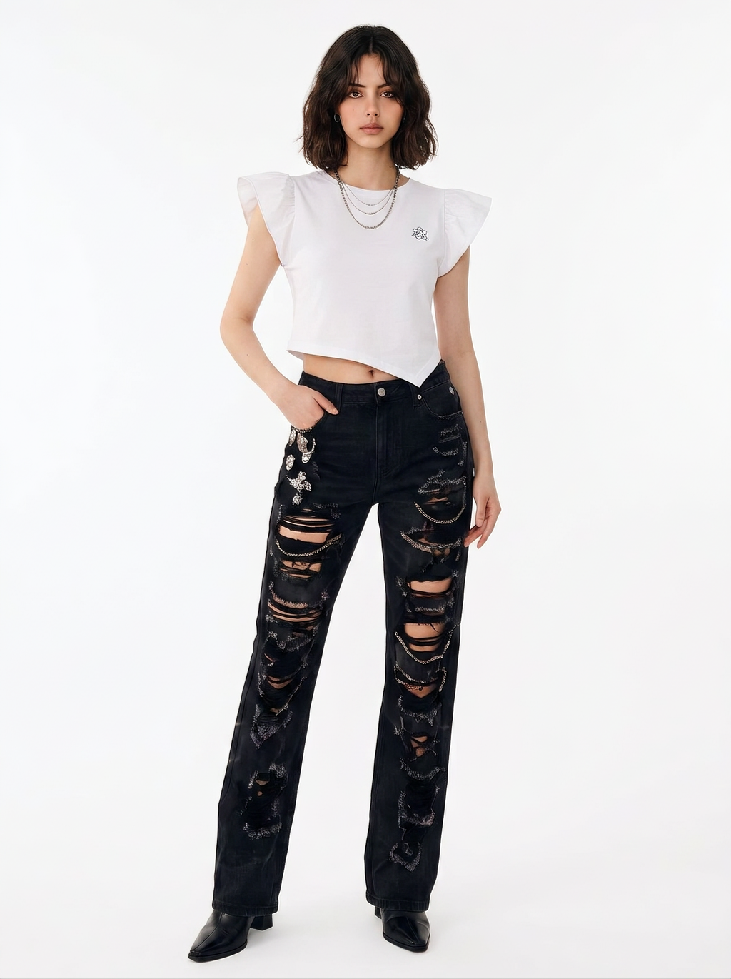 Flutter Sleeve Rhinestone Logo Tee