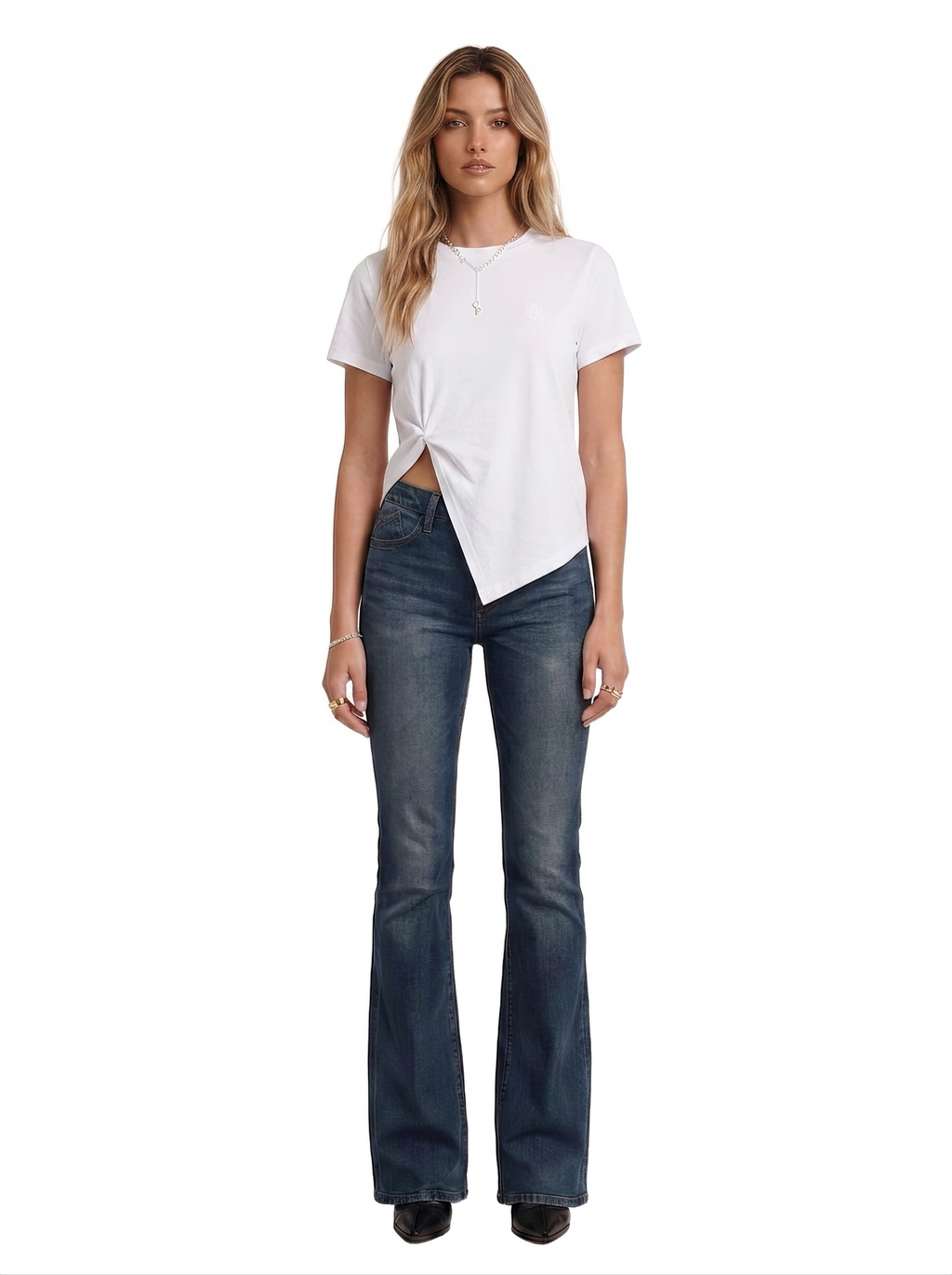 Rhinestone Side Twist Crew Neck Tee