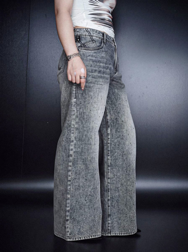 Side angle of Rock & Republic Stella Crystal R Wide Leg Jean in light gray denim with sparkling crystal details.